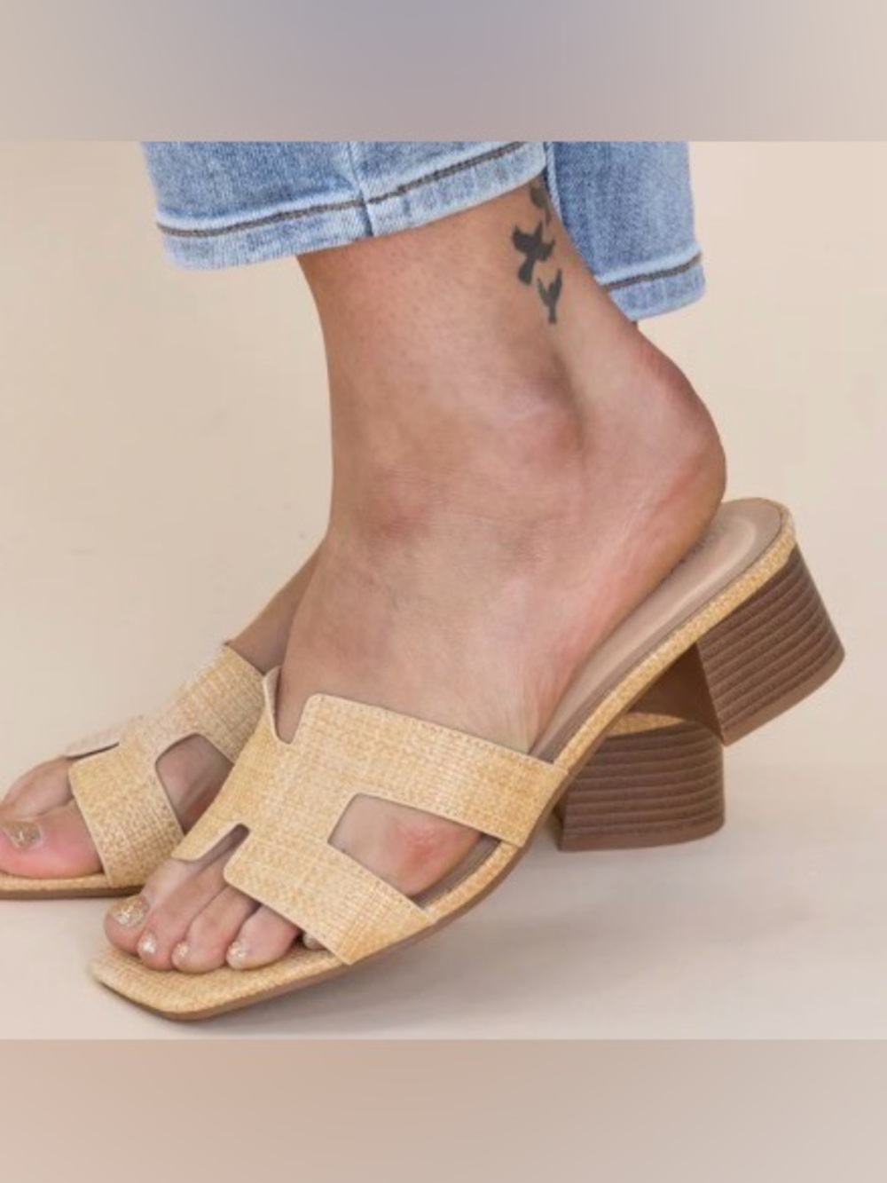 Tan Woven Slip-On Block Heel Sandal by Top Moda: Size 6